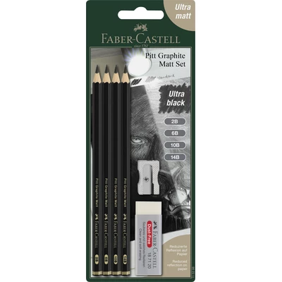 ZESTAW NA BLISTRZE PITT GRAPHITE MATT, FABER-CASTELL, 4 OŁÓWKI 2B 6B 10B 14B + GUMKA + TEMPERÓWKA