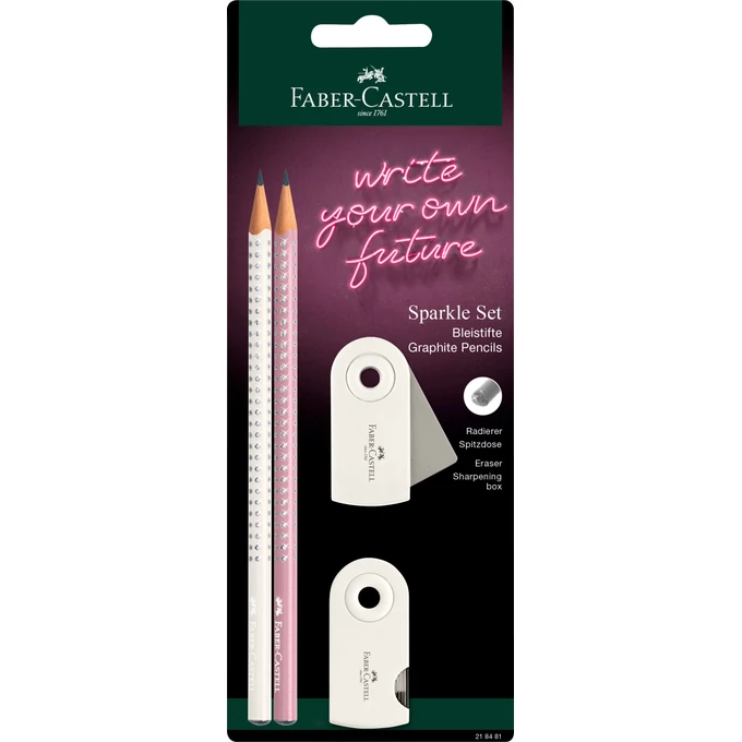 ZESTAW SPARKLE &amp; SLEEVE FABER-CASTELL: 2 OŁÓWKI, TEMPERÓWKA I GUMKA (KOLOR: COCONUT MILK)