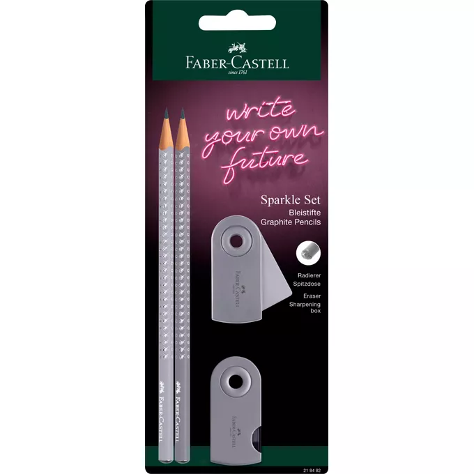 ZESTAW SPARKLE &amp; SLEEVE FABER-CASTELL: 2 OŁÓWKI, TEMPERÓWKA I GUMKA (KOLOR: SZARY)