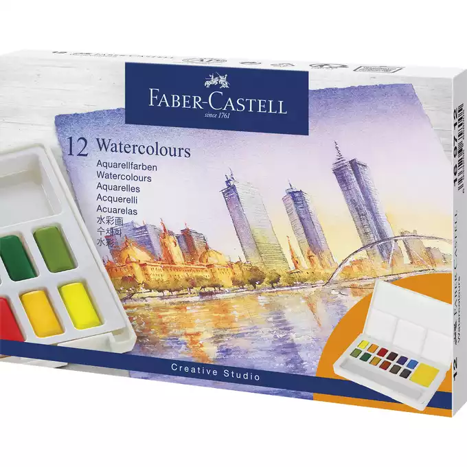 FARBY AKWARELOWE W KOSTKACH CREATIVE STUDIO FABER-CASTELL, 12 KOLORÓW + PĘDZELEK AKWARELOWY