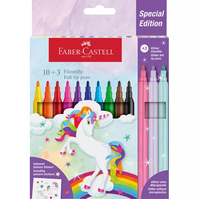 FLAMASTRY ZAMEK FABER-CASTELL EDYCJA JEDNOROŻEC 10 KOL. STANDARDOWYCH + 3 KOL. PASTELOWYCH + NAKLEJKI