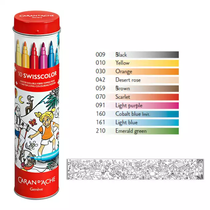 Flamastry akwarelowe Caran d’Ache Swisscolor, 10 kolorów w metalowej tubie + kolorowanka