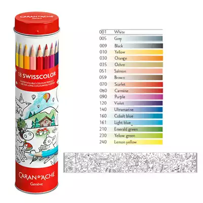 Kredki akwarelowe Swisscolor Caran d'Ache, 18 kolorów w metalowej tubie + kolorowanka