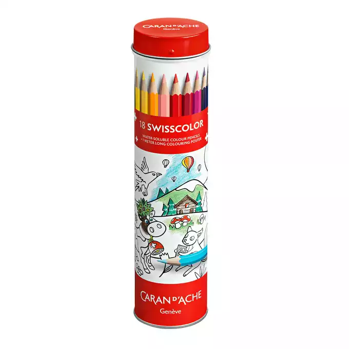 Kredki akwarelowe Swisscolor Caran d'Ache, 18 kolorów w metalowej tubie + kolorowanka