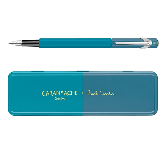 Pióro wieczne 849 Caran d'Ache, Paul Smith kolekcja 4, w pudełku Cyan/Steel, stalówka F