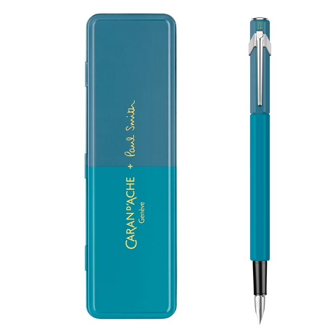 Pióro wieczne 849 Caran d'Ache, Paul Smith kolekcja 4, w pudełku Cyan/Steel, stalówka F