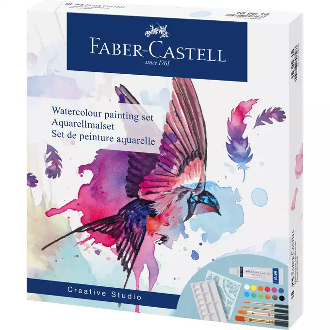 ZESTAW DO MALOWANIA AKWARELAMII CREATIVE STUDIO FABER-CASTELL: 12 KOLORÓW + 4 PĘDZELKI + SZABLON + PALETKA