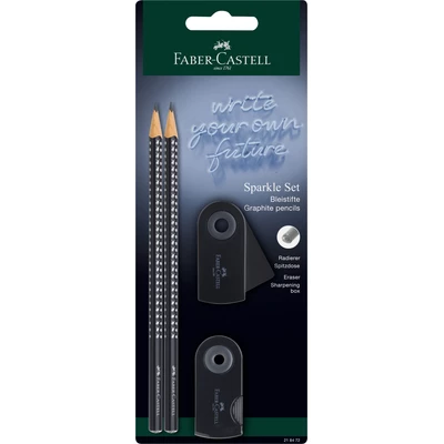 ZESTAW SPARKLE BLACK 2 OŁÓWKI+ TEMPERÓWKA SLEEVE MINI + GUMKA SLEEVE MINI, FABER-CASTELL (1)