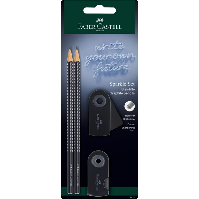 ZESTAW SPARKLE BLACK 2 OŁÓWKI+ TEMPERÓWKA SLEEVE MINI + GUMKA SLEEVE MINI, FABER-CASTELL (1)