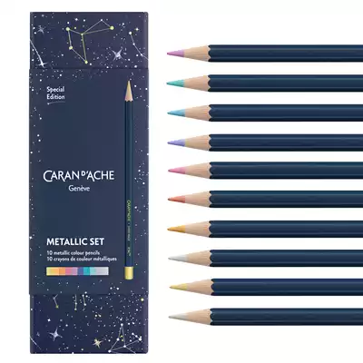 Kredki Caran d'Ache Cosmic Blue, 10 metalicznych kolorów