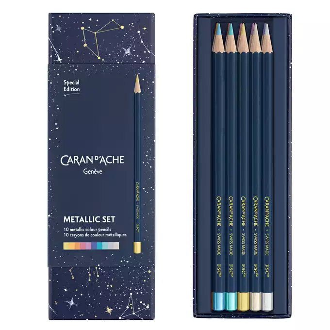 Kredki Caran d'Ache Cosmic Blue, 10 metalicznych kolorów