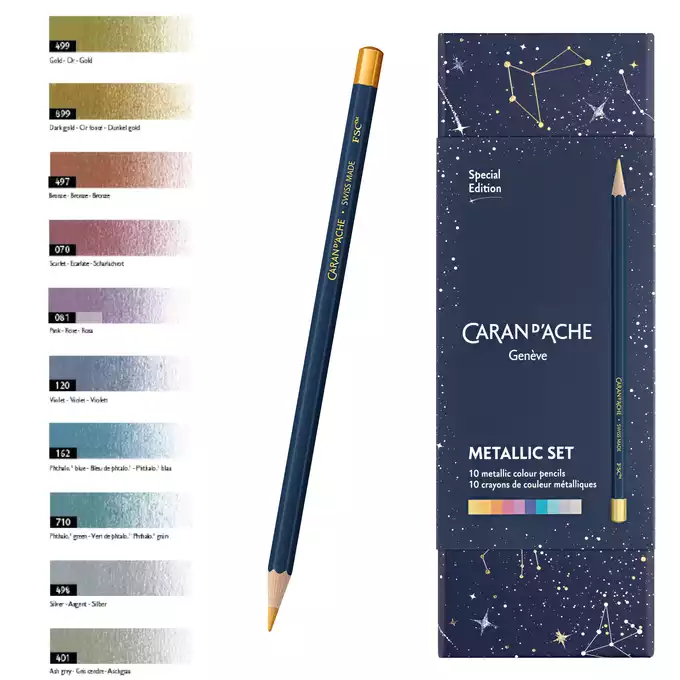 Kredki Caran d'Ache Cosmic Blue, 10 metalicznych kolorów