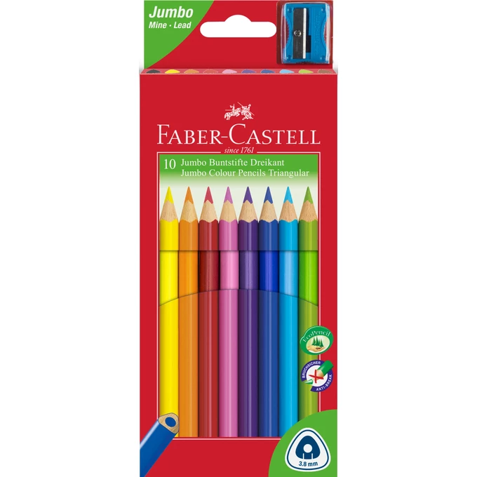 KREDKI TRÓJKĄTNE JUMBO FABER-CASTELL, 10 KOLORÓW + TEMPERÓWKA