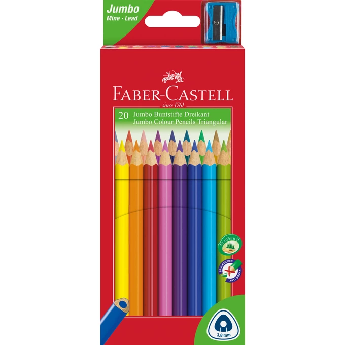 KREDKI TRÓJKĄTNE JUMBO FABER-CASTELL, 20 KOLORÓW + TEMPERÓWKA