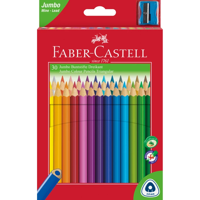 KREDKI TRÓJKĄTNE JUMBO FABER-CASTELL, 30-KOLORÓW + TEMPERÓWKA