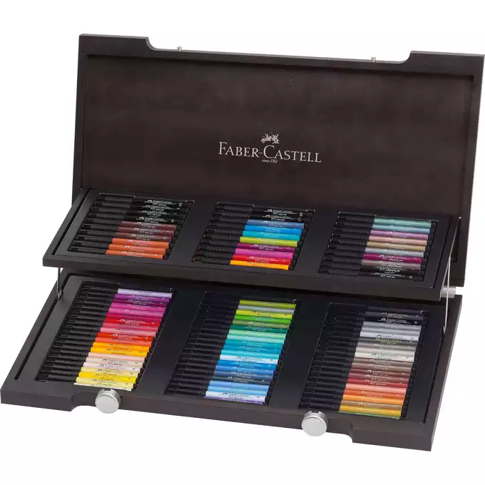 PISAKI PITT ARTIST PEN FABER-CASTELL, 90 KOLORÓW W ELEGANCKIEJ DREWNIANEJ KASECIE