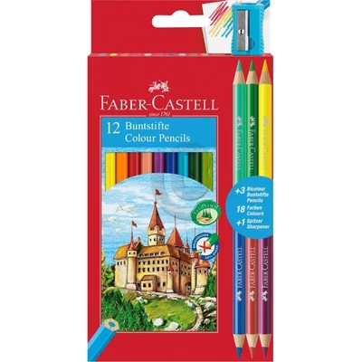 KREDKI ZAMEK FABER-CASTELL, 12 KOLORÓW + 3 KREDKI DWUSTRONNE + TEMPERÓWKA 