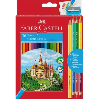 KREDKI ZAMEK FABER-CASTELL, 36 KOLORÓW + 3 KREDKI DWUSTRONNE + OŁÓWEK + TEMPERÓWKA 