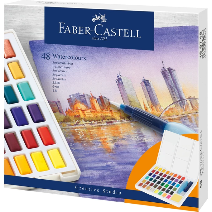 FARBY AKWARELOWE W KOSTKACH CREATIVE STUDIO FABER-CASTELL, 48 KOLORÓW + PĘDZELEK AKWARELOWY