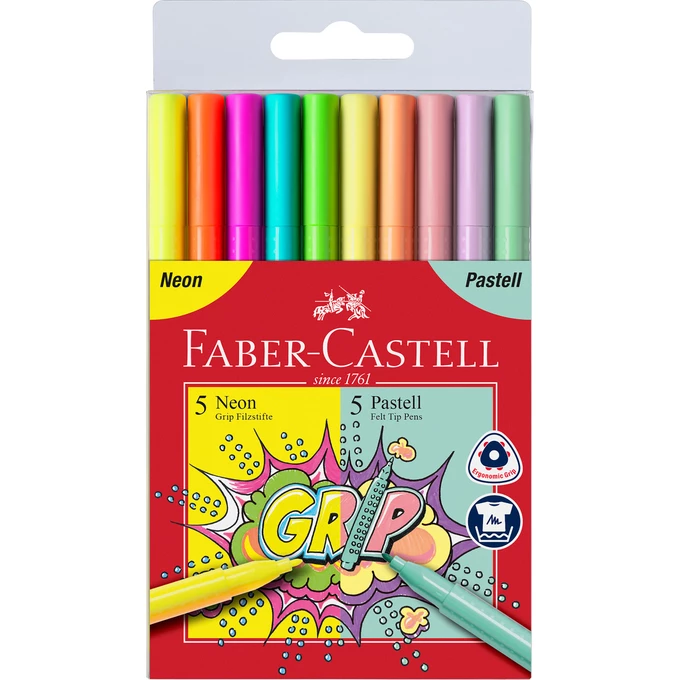 FLAMASTRY GRIP FABER-CASTELL, 10 KOLORÓW: 5 PASTELOWYCH + 5 NEONOWYCH