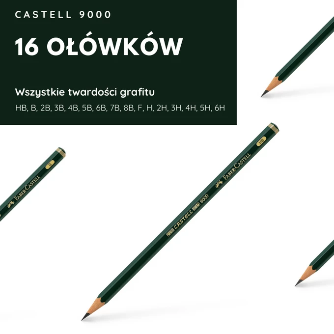 [Taniej o 16 zł] OŁÓWKI CASTELL 9000 FABER-CASTELL, 16 SZTUK, WSZYSTKIE TWARDOŚCI GRAFITU