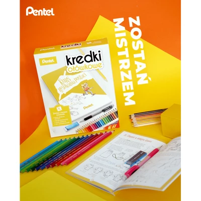 Kurs rysowania postaci Pentel: zestaw 24 kredek, ołówek, gumka i książeczka