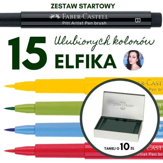 [Taniej o 10 zł] ZESTAW STARTOWY ELFIKA: 15 ULUBIONYCH KOLORÓW PISAKÓW PITT ARTIST PEN + PIÓRNIK NA KREDKI