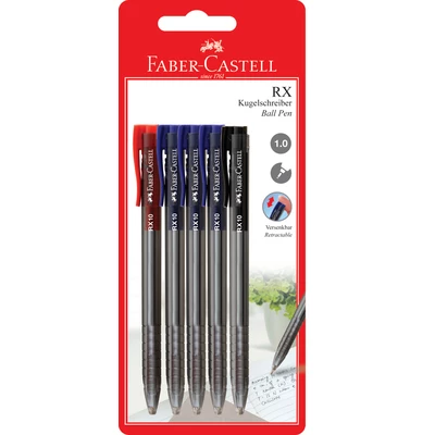 DŁUGOPISY FABER-CASTELL RX 1,0 MM, 5 SZTUK: 3 NIEBIESKIE + 1 CZARNY + 1 CZERWONY