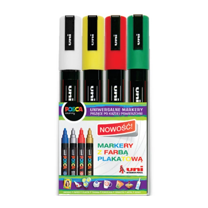 Markery uni POSCA PC-5M z okrągłą średnią końcówką, 4 kolory w etui