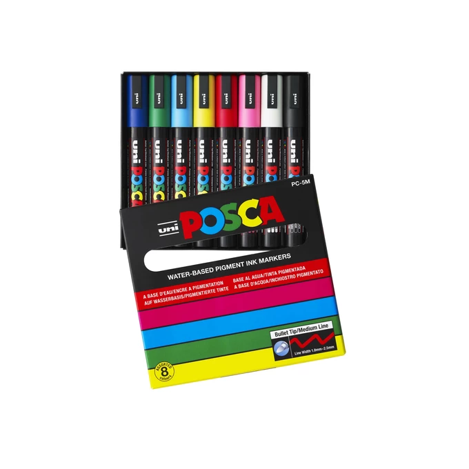 Markery uni POSCA PC-5M z okrągłą średnią końcówką, 8 kolorów w etui