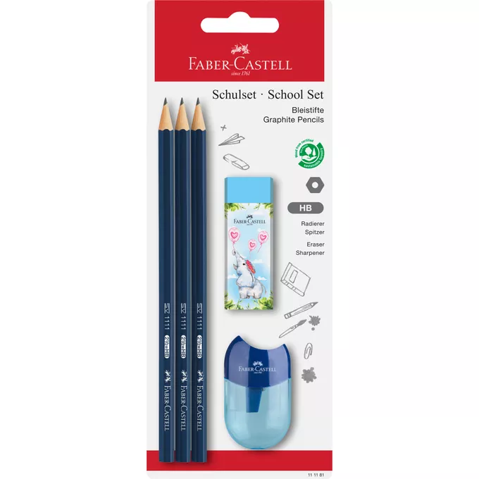 OŁÓWKI FABER-CASTELL 1111 HB, KOLOROWE, 3 SZTUKI + GUMKA I TEMPERÓWKA