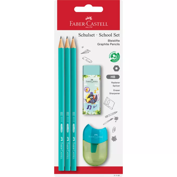 OŁÓWKI FABER-CASTELL 1111 HB, KOLOROWE, 3 SZTUKI + GUMKA I TEMPERÓWKA