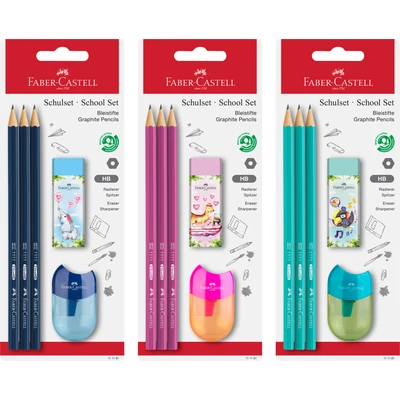 OŁÓWKI FABER-CASTELL 1111 HB, KOLOROWE, 3 SZTUKI + GUMKA I TEMPERÓWKA